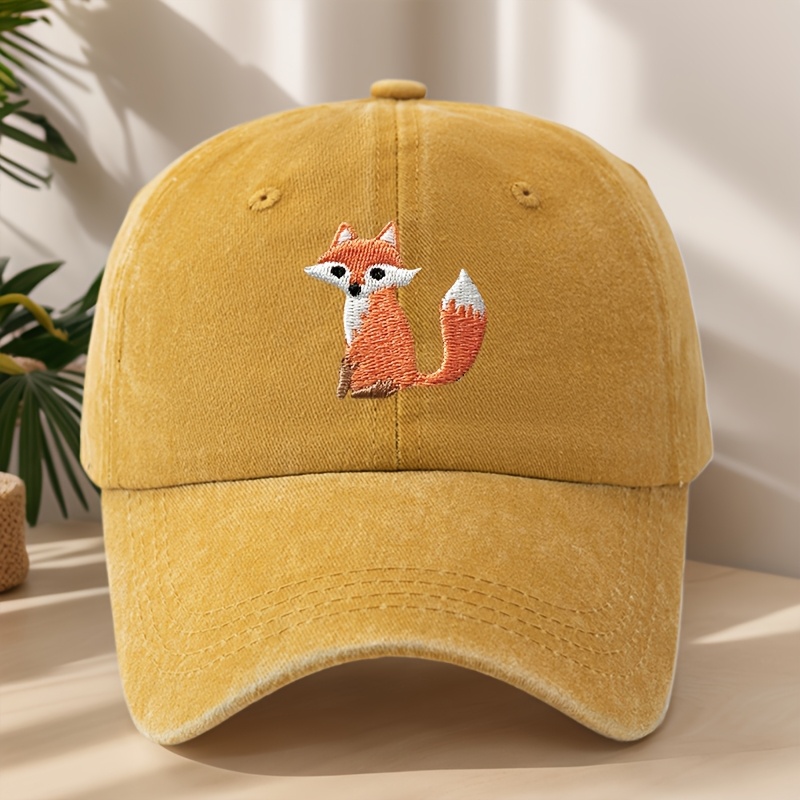 TEMU Fox Embroidery Baseball Washed Vintage Distressed Duckbill Hat Individual Street Hip-hop Cap Outdoor Leisure Sports Shopping Vacation Baseball