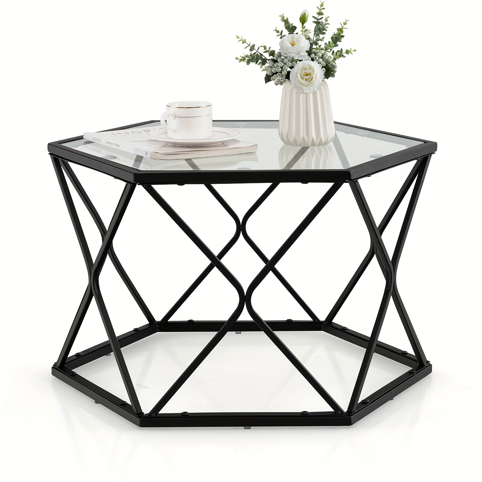 

Coffee Table Geometric Glass Modern W/tempered Glass Top & Metal Legs