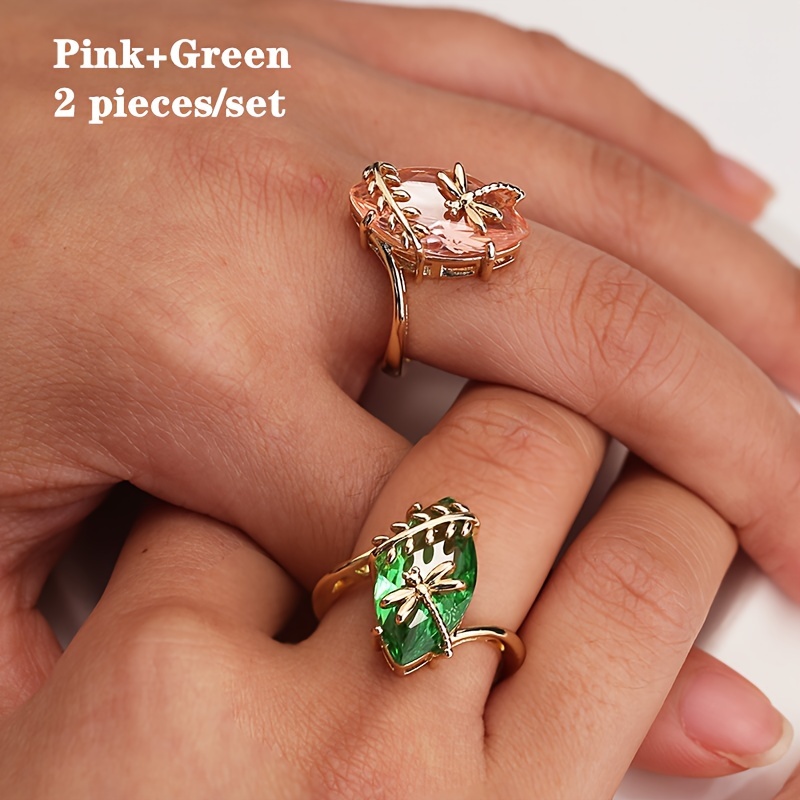 

2 Pieces/set Of New Elegant Rings - High Quality Copper Inlaid Oval Droplet Synthetic Zirconia With Exquisite Dragonfly Dripping Water Design, Perfect Gift For Anniversary And Birthday