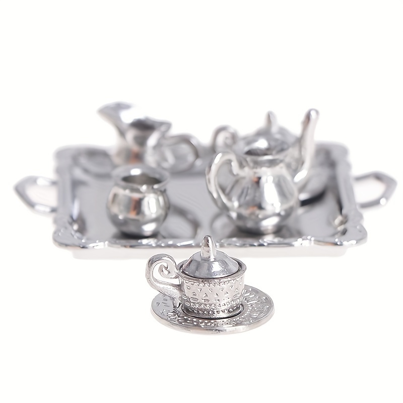 TEMU 10pcs 1/12 Scale Miniature Silvery Metal Tea Cup And Saucer Set For Display