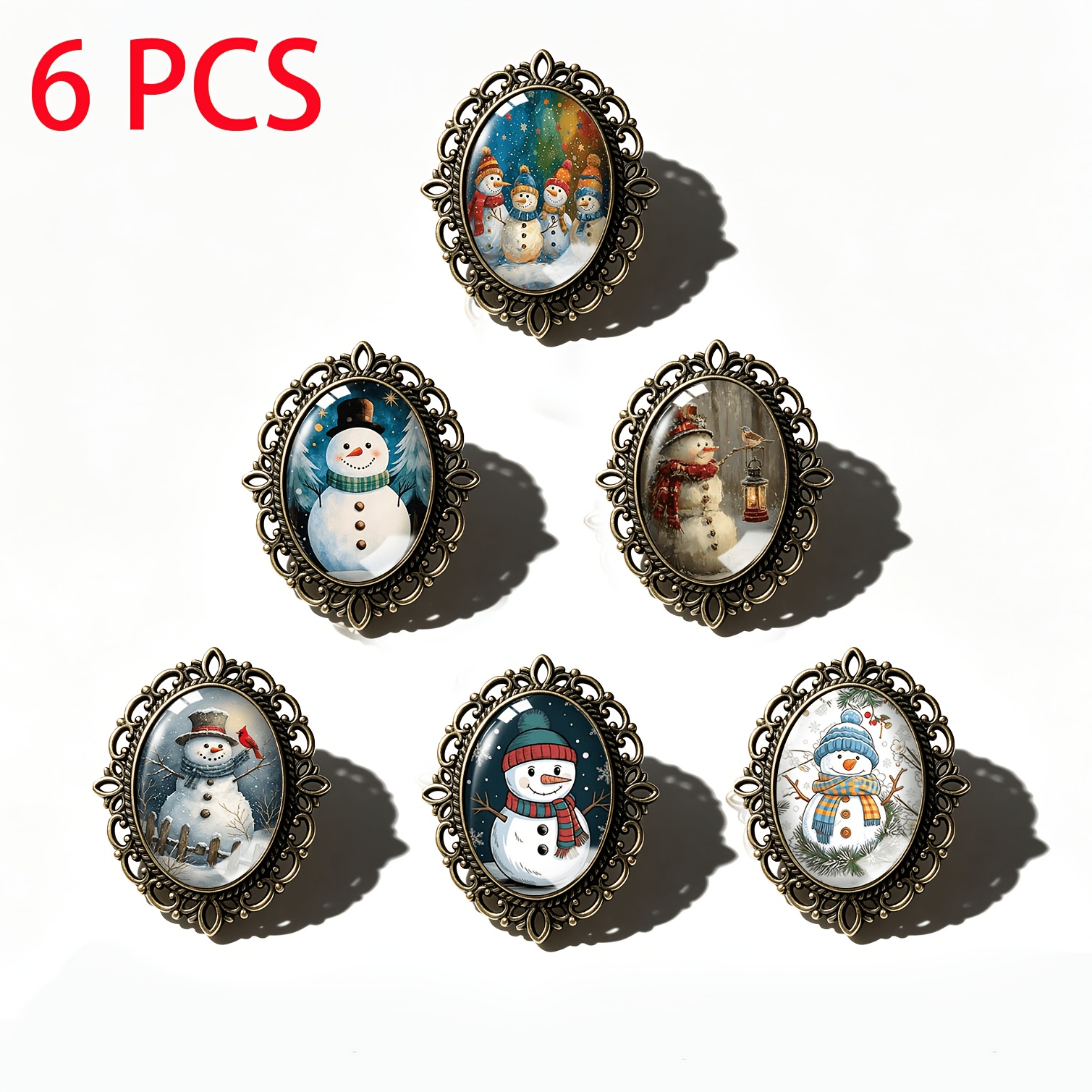 TEMU 6pcs Cute Christmas Snowman Snow Scene Hand-painted Pattern Printed Classic Vintage Court Style Distressed Copper-colored Oval Lace Glass Brooch
