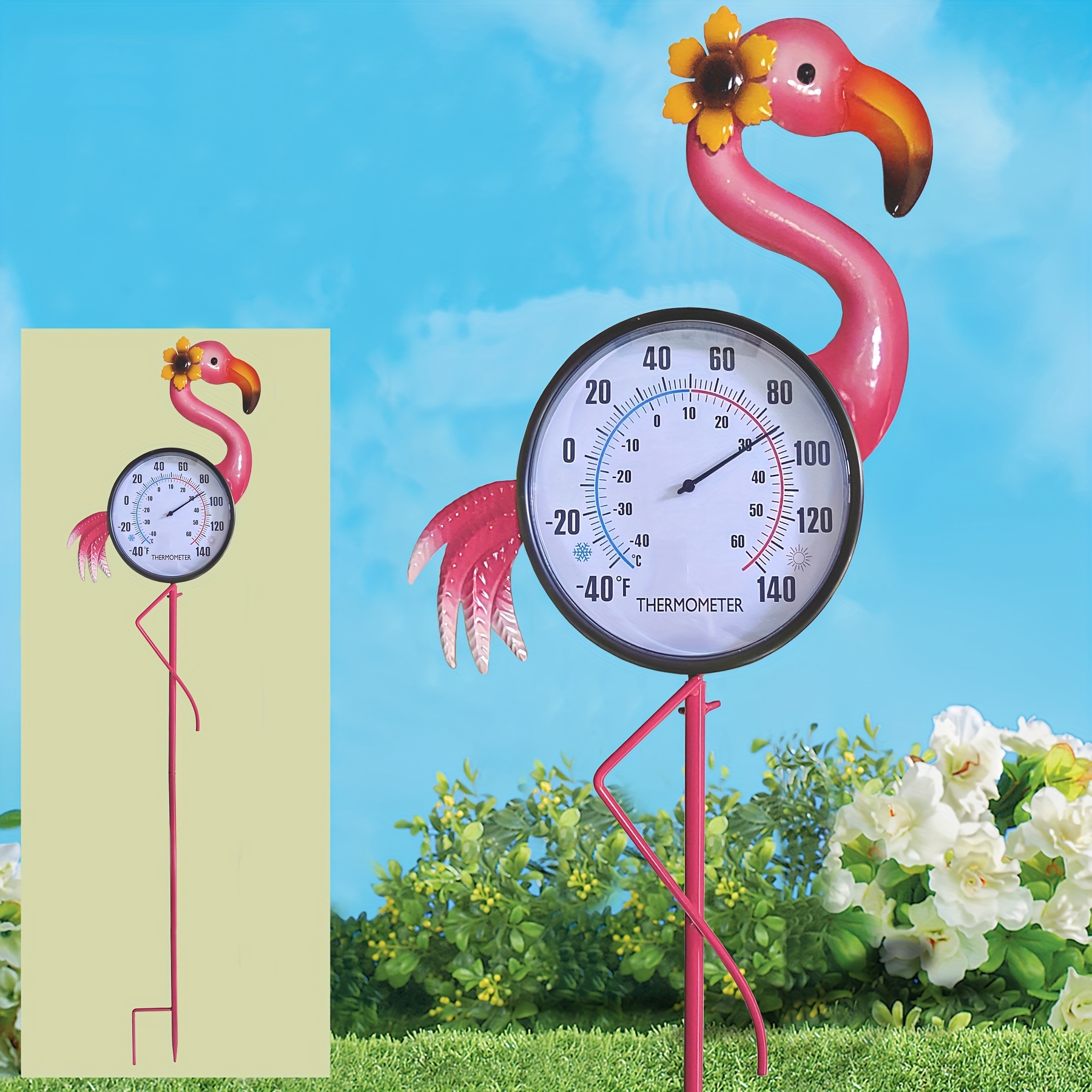 【2.5D】 [2.5D] Termómetro de Flamingo o Cardenal para Interior y Exterior, Estaca de Jardín, Escultura Decorativa de Arte de Flamingo Rosa o Pájaro Rojo de Metal para Decoraciones de Césped, Patio, No Requiere Batería