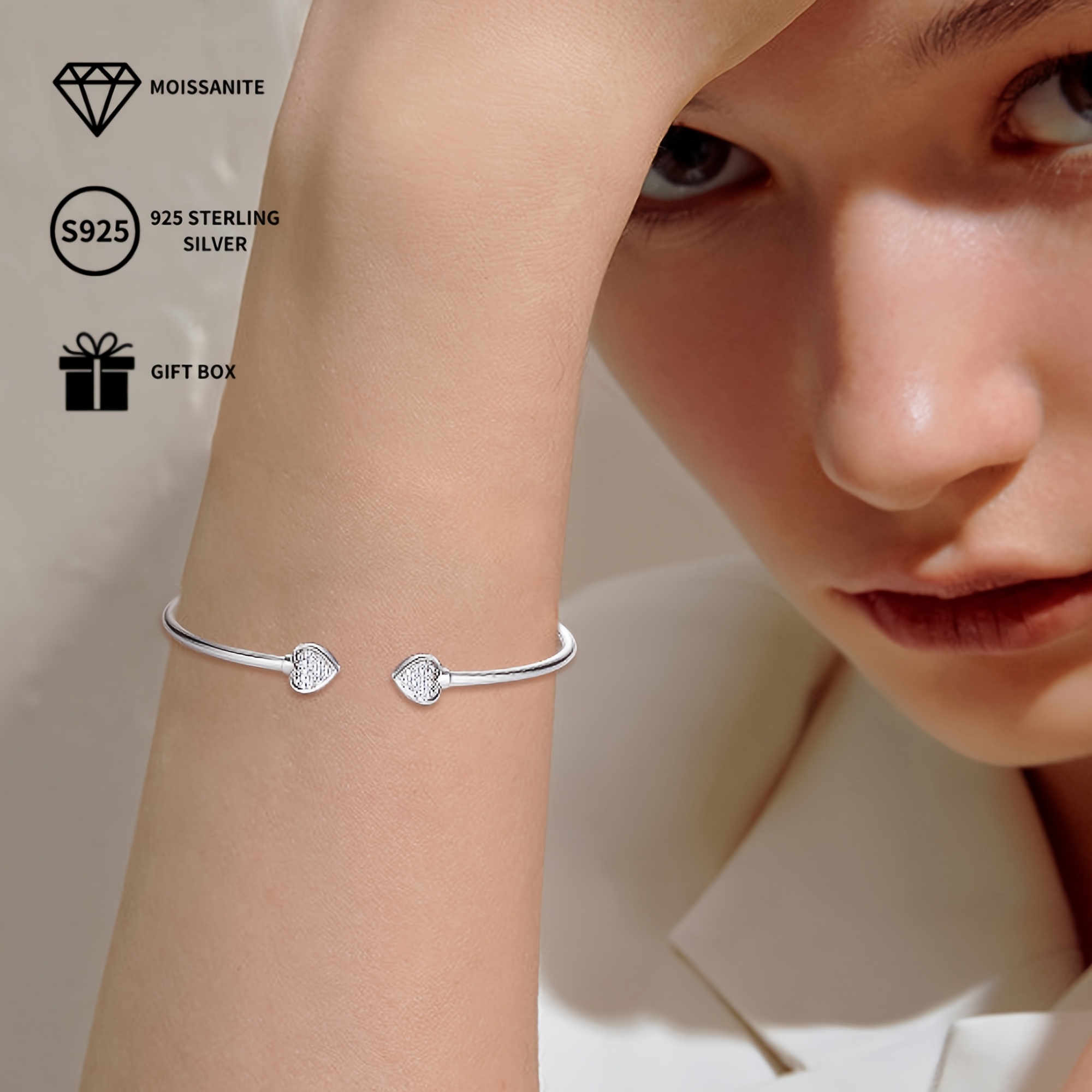S925 Silver Heart Bracelet w/ Moissanite Stones, Adjustable Bangle