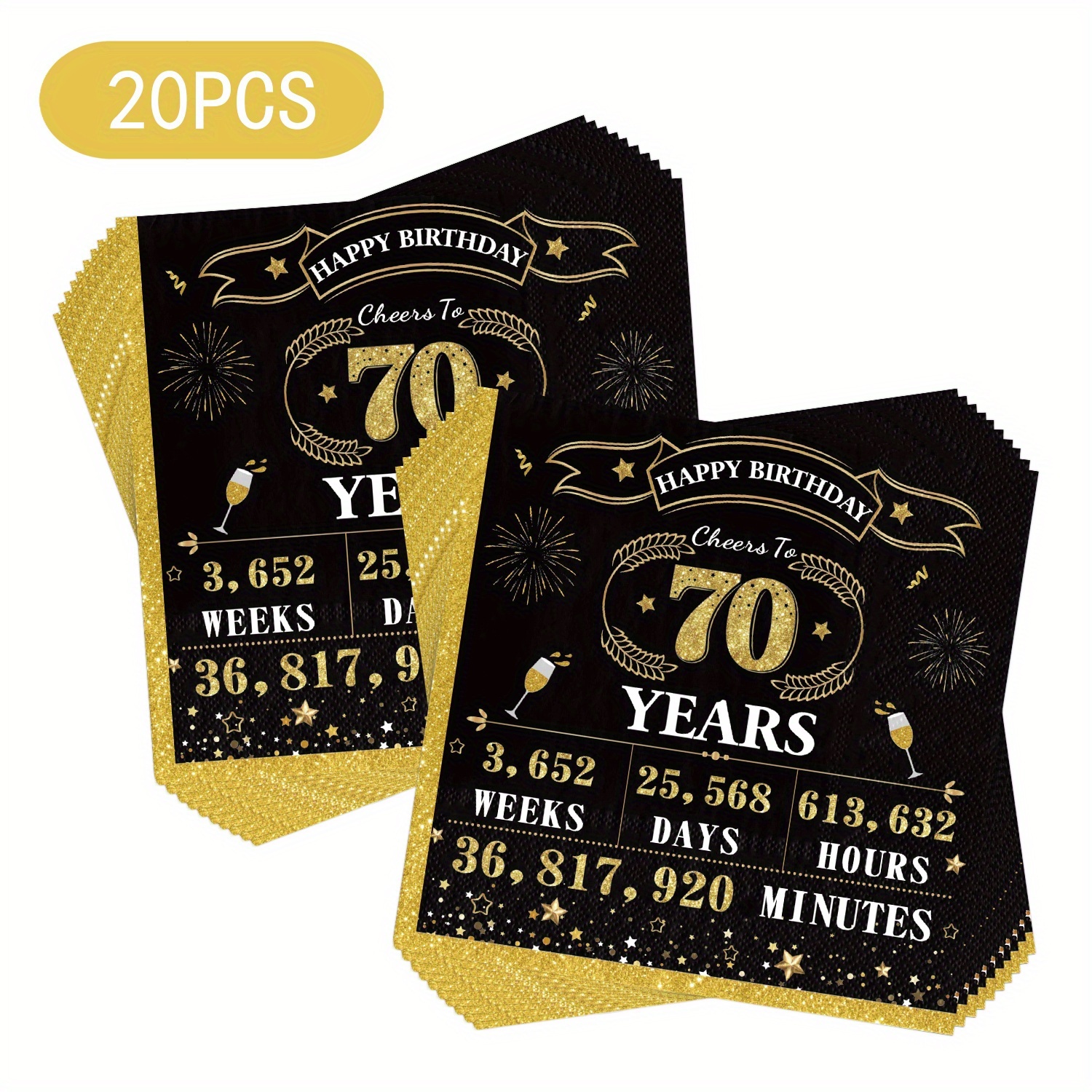 E-shop Schwarze und goldene Servietten für Getränke zur 70. Geburtstagsfeier, geeignet für Männer und Frauen, für Partyzubehör und Dekorationen für