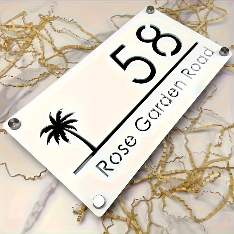 TEMU " " Customized Acrylic Doorplate, Featuring Exquisite Palm Tree Elements With Three-dimensional Metallic Numbers And Text. The Acrylic Material