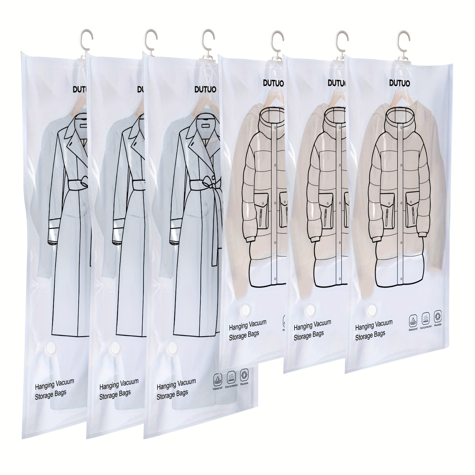 TEMU 6pcs Hanging Vacuum Storage Bags For Clothes - Space-saving Zippered Garment Protectors With Hanging Loops, Durable Plastic Organizers For