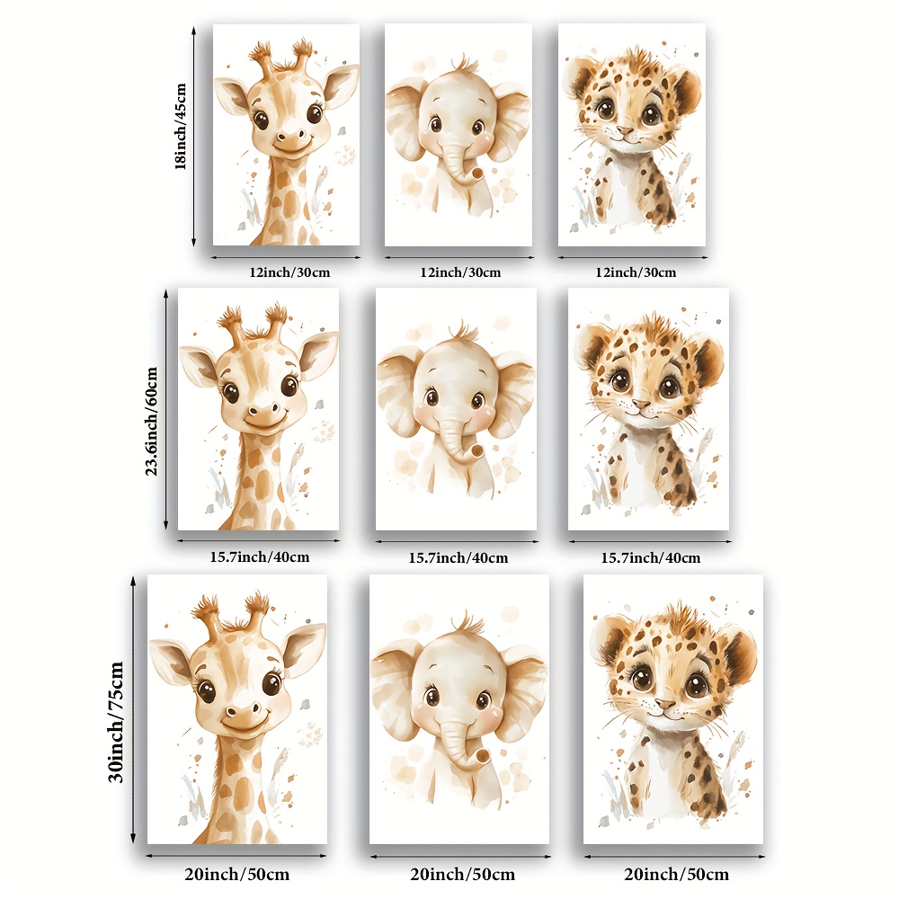 TEMU 2d 3pcs/set, Canvas Painting--unframed, 3 Cute Animals Of Watercolor: A Giraffe, An Elephant, And A Leopard., Artist Drawing Set, Living Room,