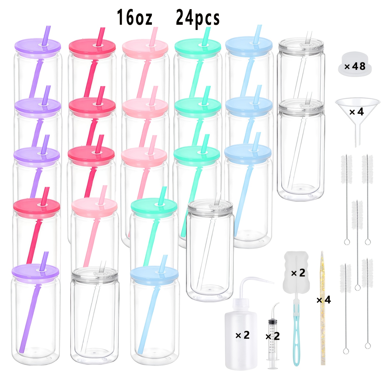 Of 8/24 Tumblers, Each 16oz, Featuring Double Walls, Colorful Lids, And Straws. This Glitter Drinkware Kit With 2 Cup Brushes And 4 Funnels, Perfect For Home Parties Or Office Use