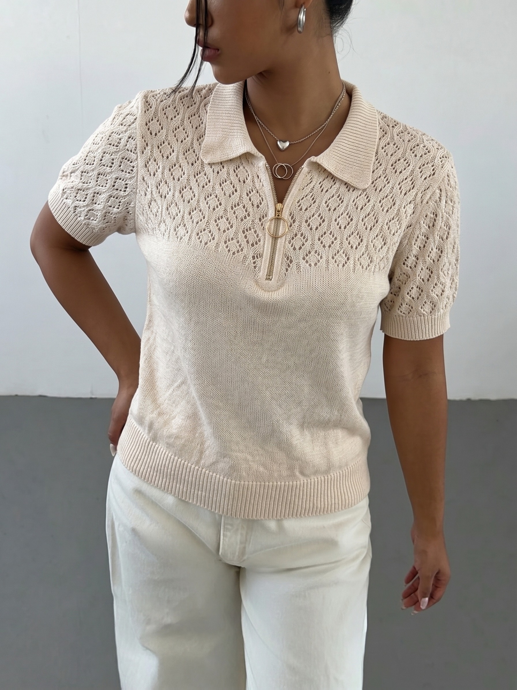 European and American Style Summer Women's Polo Shirt Sweater, Half-Zip Lapel Short Sleeve Breathable Casual Commuter Top
