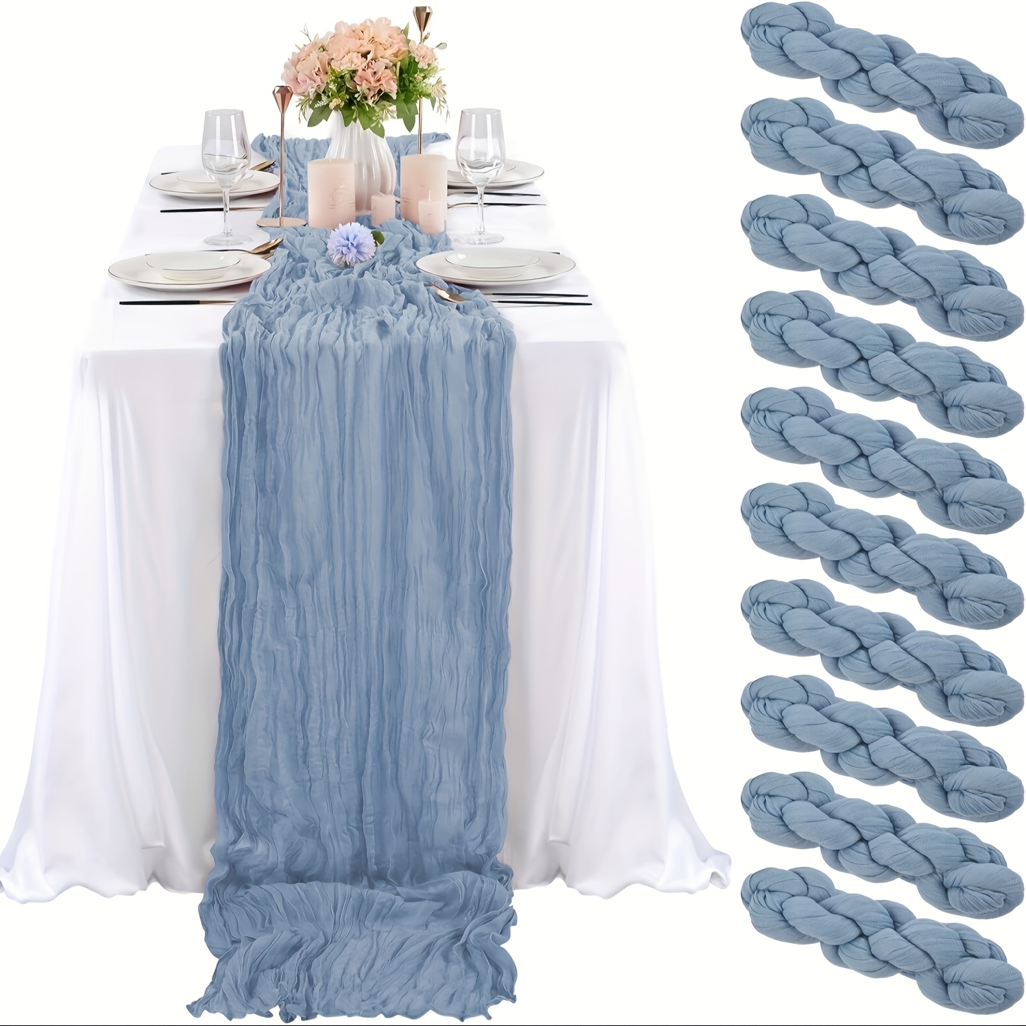 TEMU 10 Sophisticated Fog Blue Sheer Table Covers - Classic Transparent Pleated Style With Polyester Burlap Feel For Weddings And Event Decor