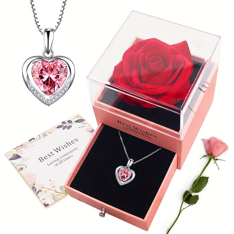 

Heart Shaped Zirconia Necklace Collarbone Chain Jewelry, Silver Plated, Eternal Rose Flowers Gift Box For Anniversary Birthday Valentine's Day Women Mom Cirfriend Wife Crandma Jewelry Gift Box Set