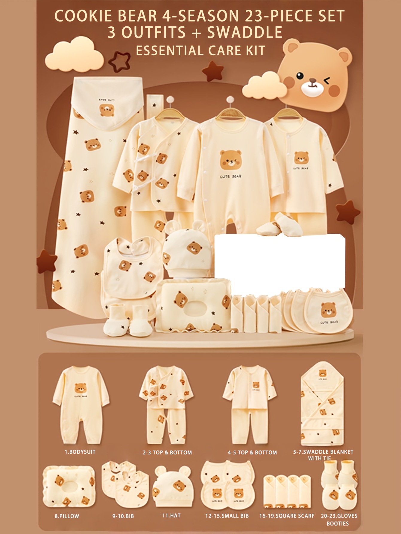 23pcs Newborn Baby Essentials Set: 3 Outfits, Hat, Bib, Pillowcase, Hand & Foot Covers, Swaddle Blanket – Bodysuit Onesie for Girls – All-Season Gift for Infants and Toddlers, Toddler Outfits, Newborn Essentials, Cartoon Print, Cute Baby Clothes, Breathable Material, Hand Washable, Swaddle Bundle, Infant Accessories, New Parents, Firsttime Moms, Perfect for Outdoor