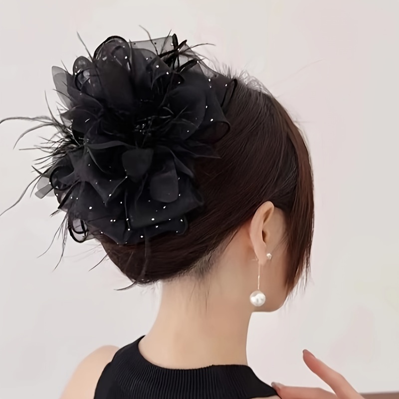 

1pc Elegant Faux Feather Decorative Hair Claw Clip Vintage Flower Hair Grab Clip Large Non Slip Ponytail Holder For Women And Daily Use