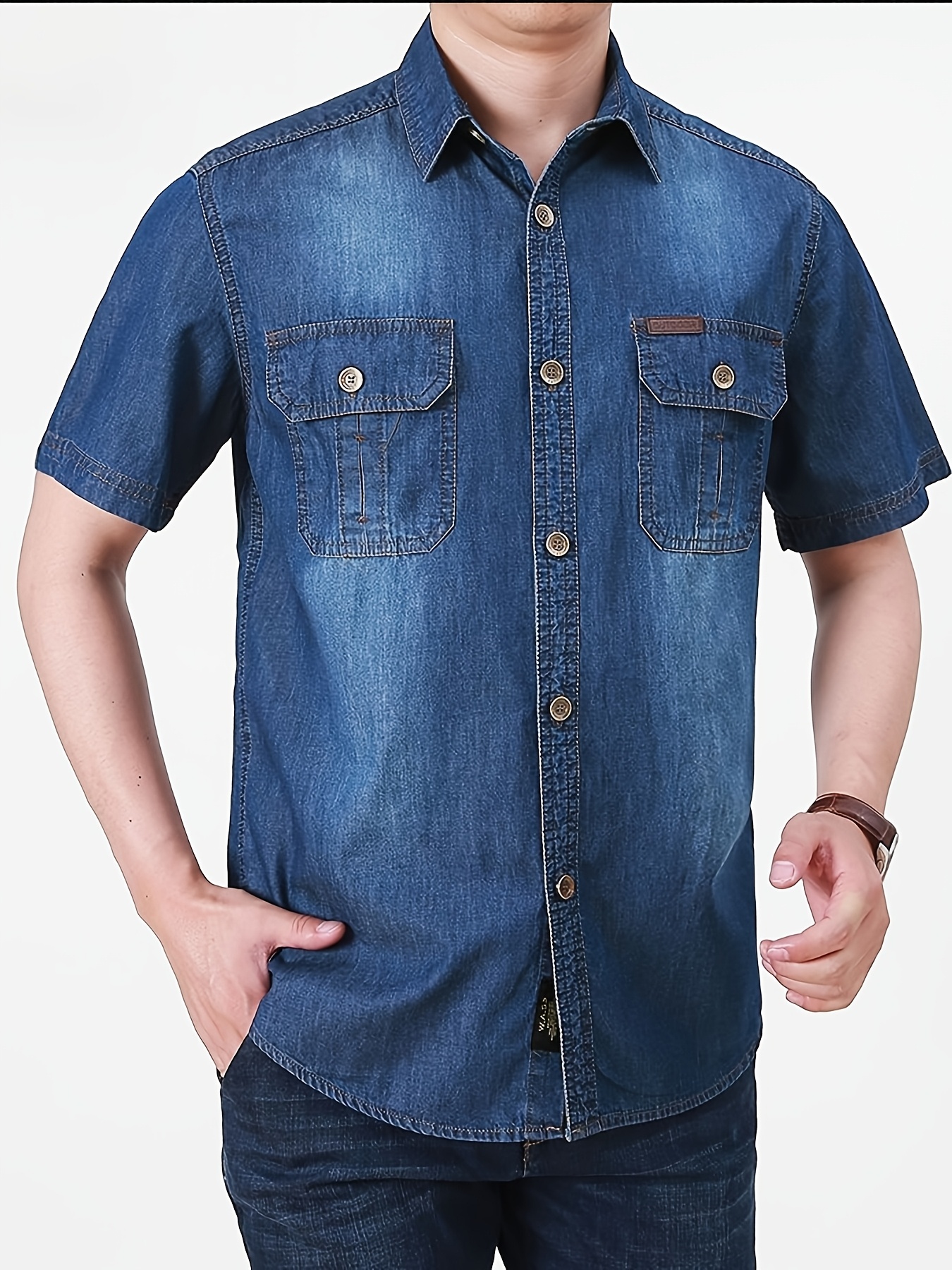 1pc of Retro Fashion Denim Short-Sleeved Shirt, Thin Style, Men'S Casual Multi-Pocket Workwear Denim Shirt. High-Quality Material, Soft And Comfortable, Wear-Resistant, Durable, And Wrinkle-Resistant. Two Chest Pockets Design
