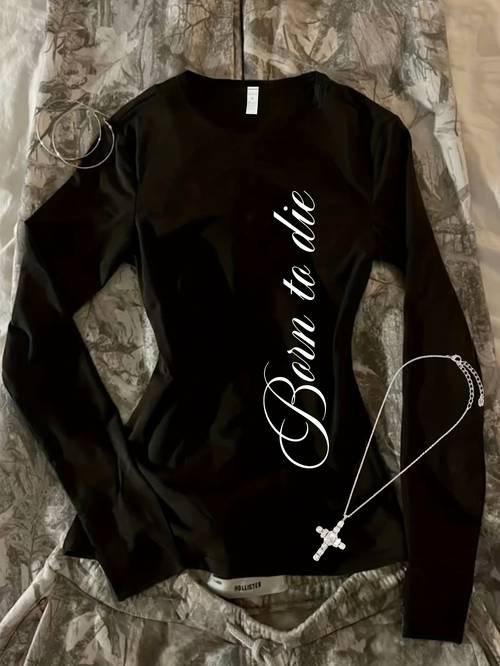 y2k style text pattern print womens long sleeve t shirt top suitable for home and outdoor wear