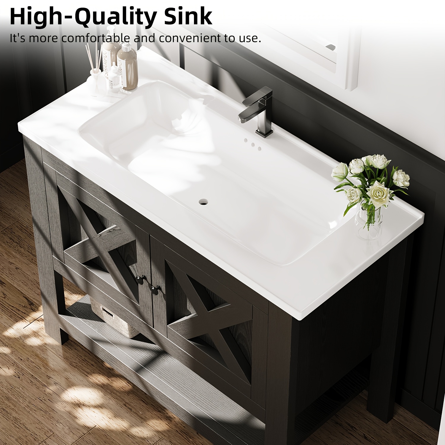 36-Inch Farmhouse Bathroom Vanity - Spacious Storage Cabinet with Ceramic Sink 16 36-Inch Farmhouse Bathroom Vanity Open Shelf View