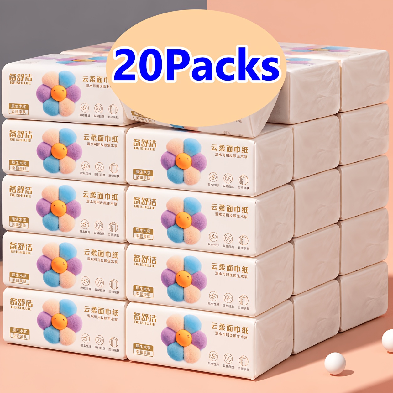 TEMU 6000 Sheets 4-ply Thickened Facial Tissues, 20 Packs Total, Unbleached Disposable Napkins, Soft And Absorbent, Suitable For Daily Use At Home,