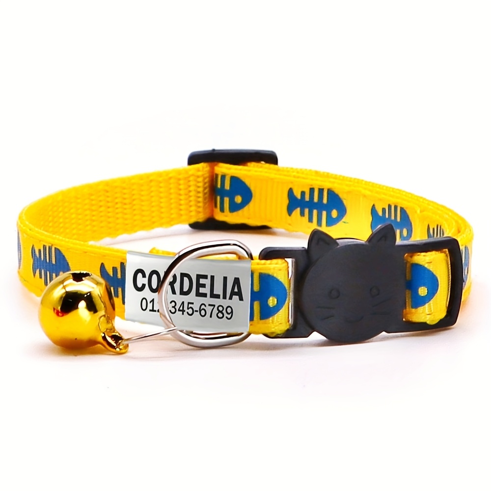 TEMU Personalized Fish Print Dog Collar And Safety Buckle, Custom Id Name & Contact Cat Collar For Outdoor Use, Anti-lost Design, Free Engraving -