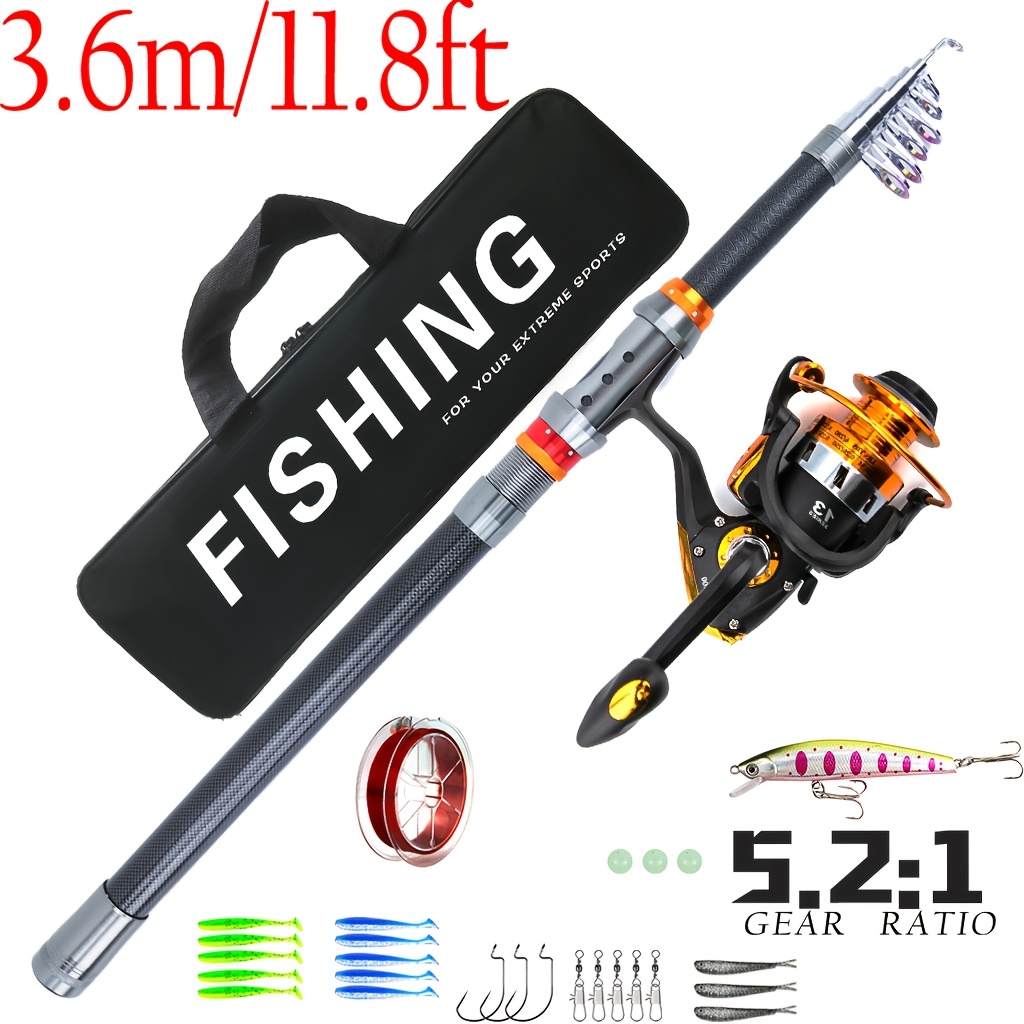 E-shop 1,8-3,6 m Carbonfaser Spinnruten-Combo, Teleskop-Angelrute mit Spinnrolle-Set, maximale Widerstandskraft 3-8 kg