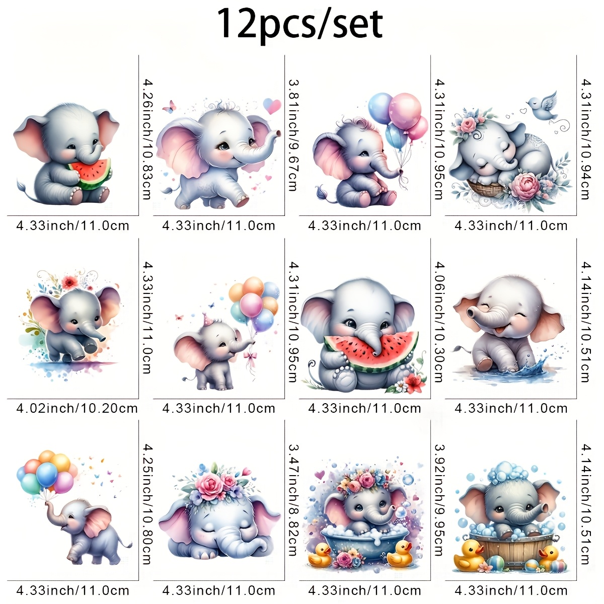 TEMU 12pcs Cute Elephant Iron-on Transfer Patches, Multicolor Dtf Decal Stickers For Clothing And Fabrics - Plastic Material T-shirt Decoration Kit
