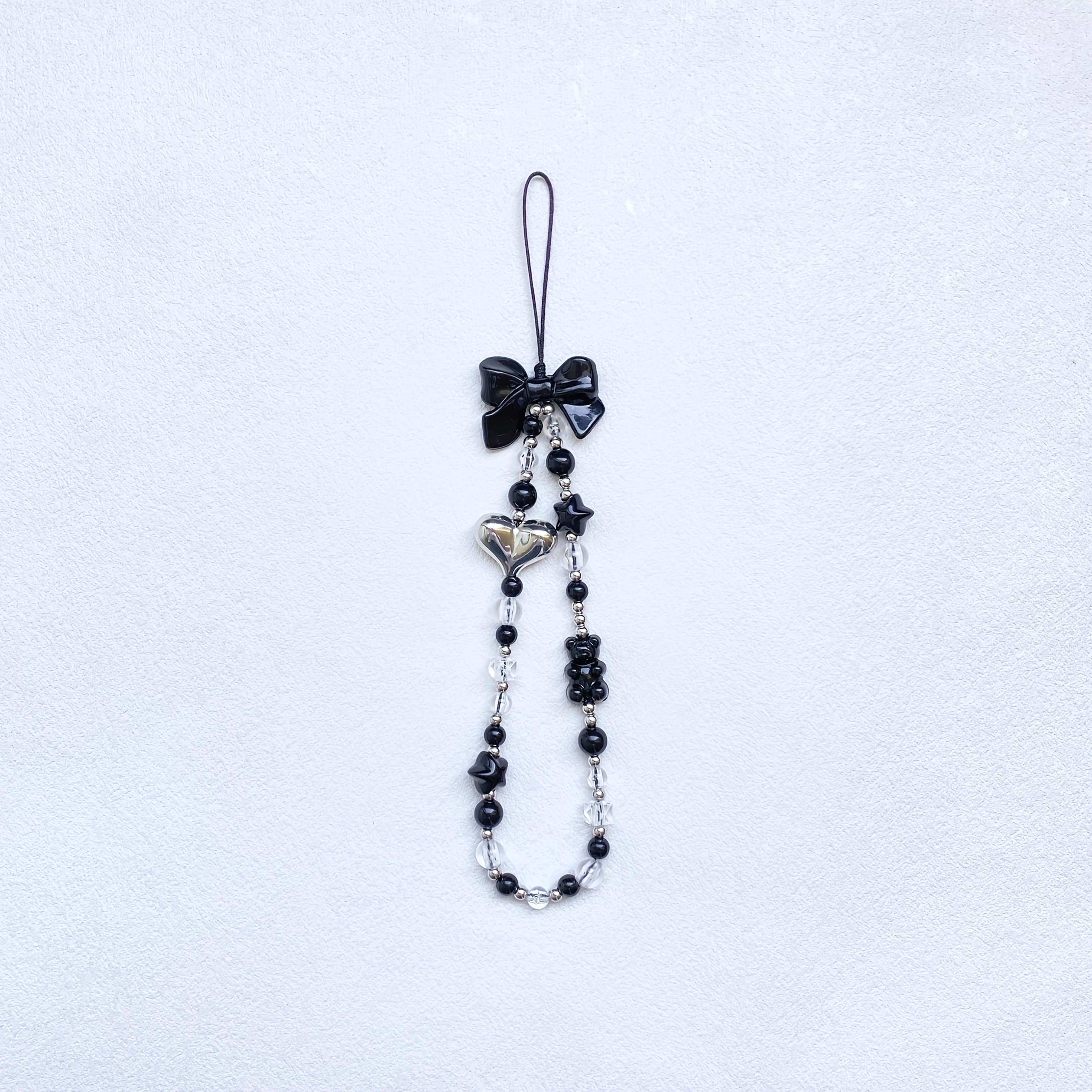 TEMU 1pc Y2k Style Black Bow And Star Beaded Diy Short Wristlet Phone Strap, Suitable For Daily Casual Wear, Shopping, And Other , Anti-loss Wrist