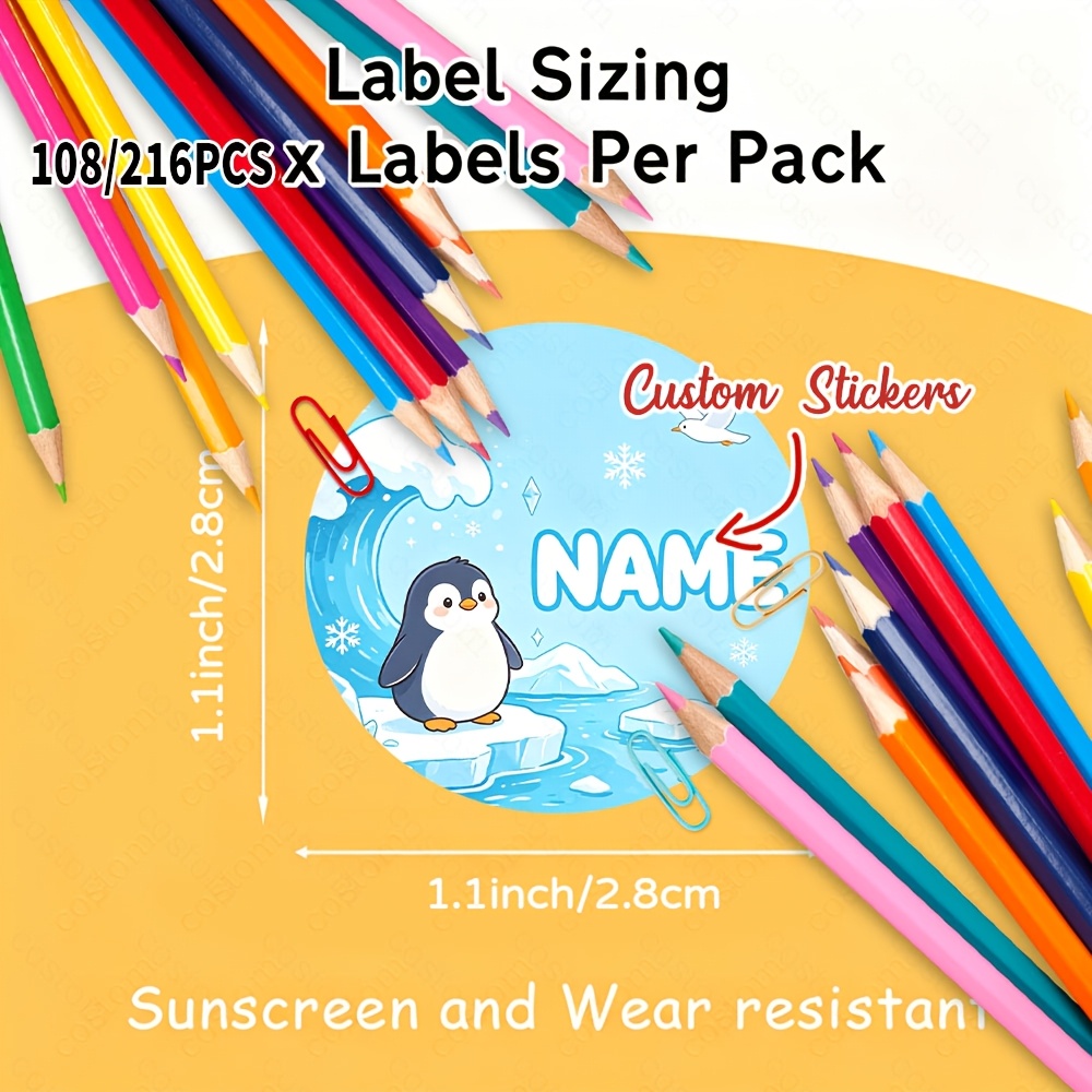 108/216pcs Personalized Penguin and Ocean Wave Name Stickers