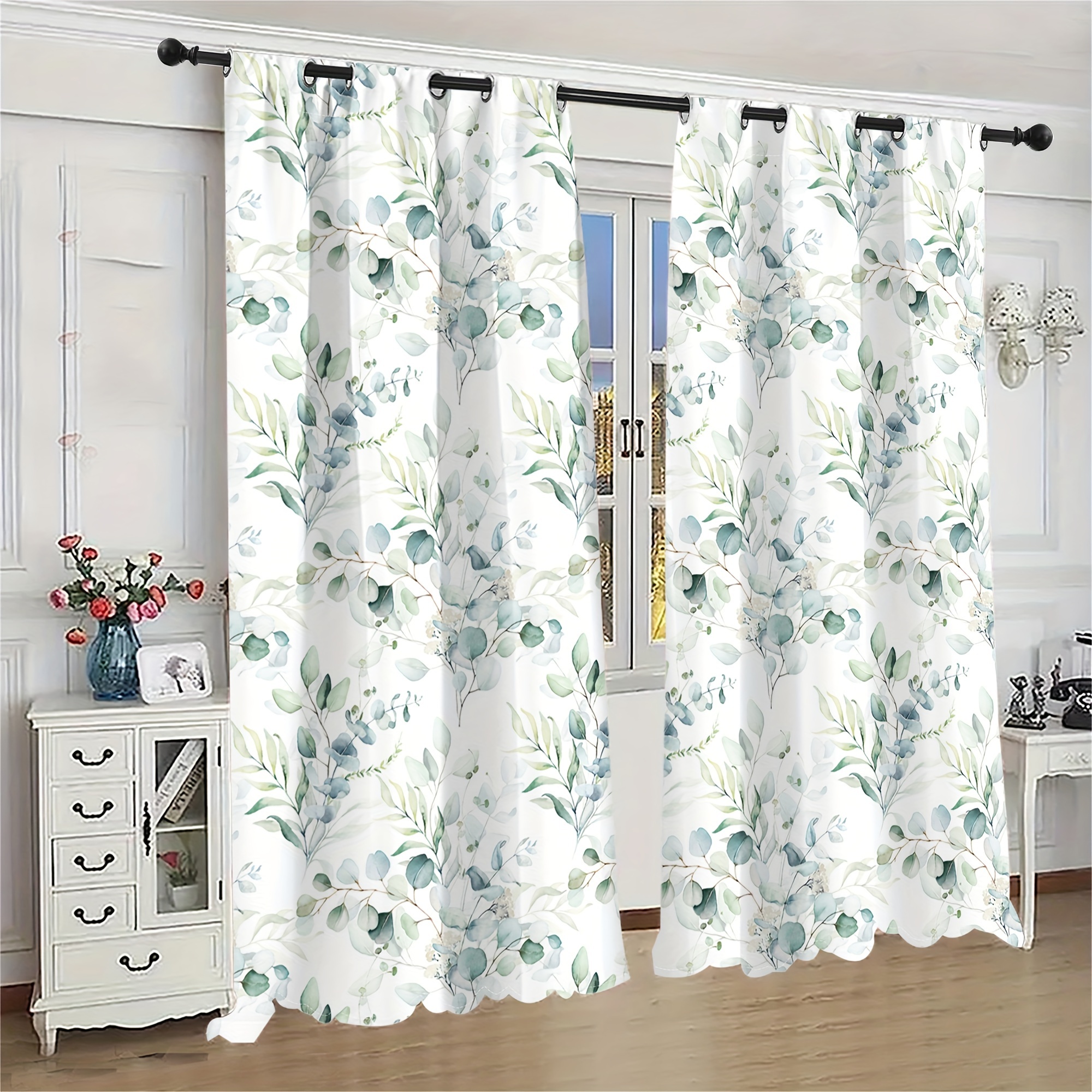 Image of 2pcs Vintage Sage Green Eucalyptus Floral Print Curtains, Translucent Polyester Fabric With Grommets For Living Room & Bedroom Decor, Machine Washable, Semi-sheer Country