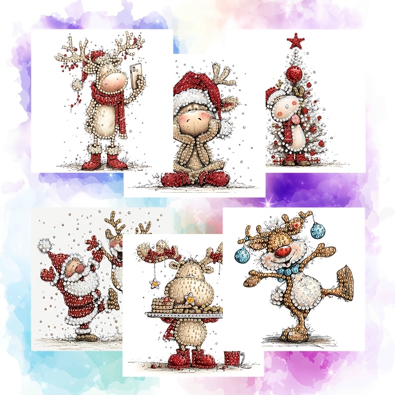 TEMU 6pcs Diamond Painting Greeting Card Set, Winter Reindeer Theme Design Cards, Hand-painted Diamond Sticker Design - Round Diamond Craft Kit,