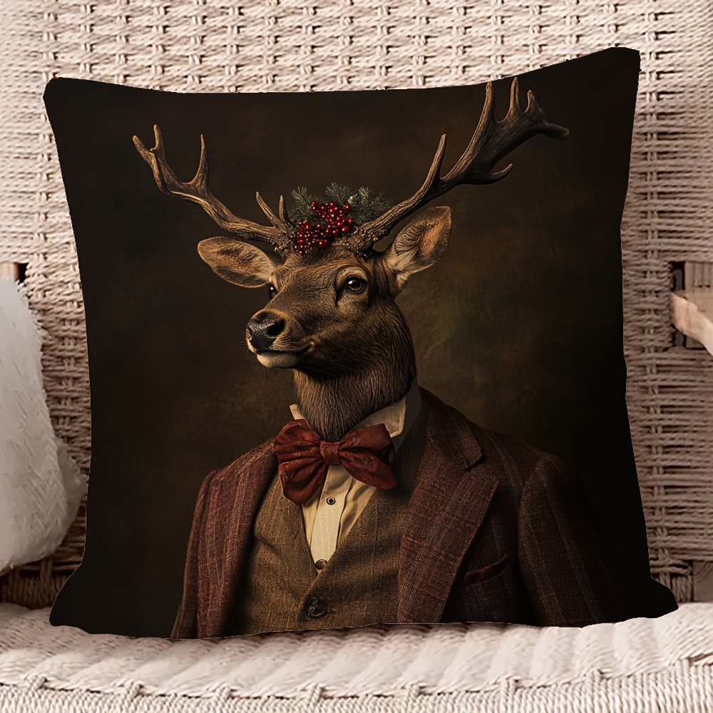 TEMU 1pc Vintage Deer Double-sided Short Plush Throw Pillow Cover, Traditional Style Polyester Decorative Cushion Case With Zipper Closure, Hand Wash
