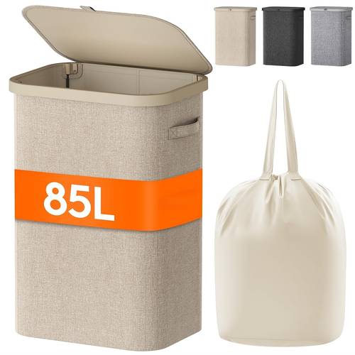 1pc Luxury 85L Laundry Basket with Lid, Detachable Washing Bag & Plastic Handles - Large Freestanding Foldable Hamper with Side Carry Handle and Removable Liner, Premium Fabric for Solutions in Laundry Room, Bedroom, Bathroom, or Dorm, Laundry Baskets