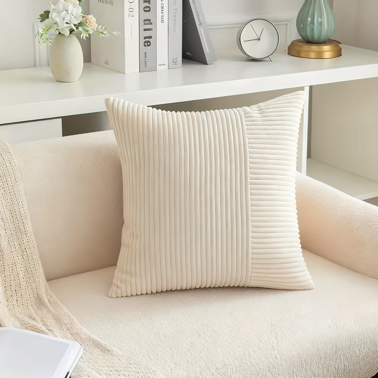 1pc Splicing Pillowcase Cushion Cover Solid Color Corduroy Pillowcase Cushion Cover Car Pillowcase Home Simple, Soft And Comfortable Without Pillow Core