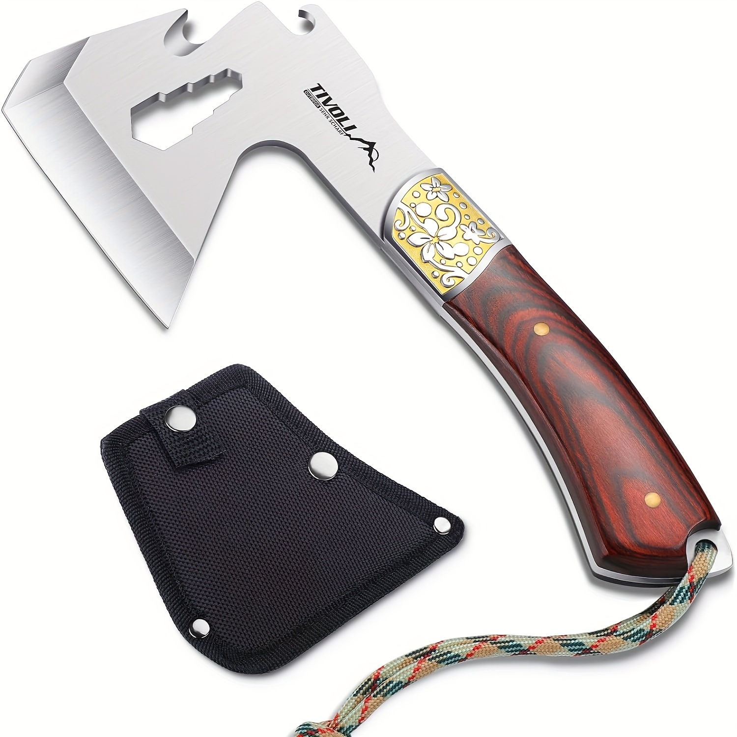 

Camping Axes 4 In 1 Portable Small Axe With Nylon Sheath, 24 Cm Full Tang Hand Hatchet Mini Axe, Survival Axe With Wooden Handle, Sharp Outdoor Axe For Bushcraft And Hiking