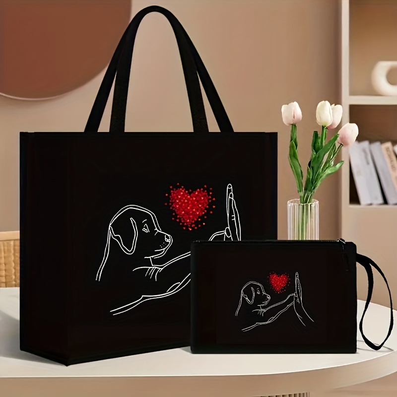 Image of 2pcs Tote Bag Set, Dog Print Shoulder Bag With Coin Purse, Large Capacity Shopping Bag