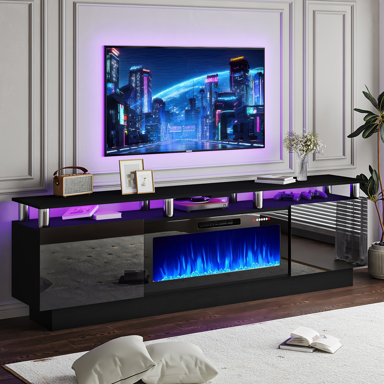 TEMU 80 Inch Led Entertainment Center With 36 Inch Fireplace, For Tvs Up To 90 Inches, Modern Wood Tv Cabinet With High-gloss Storage, Tv Stand With