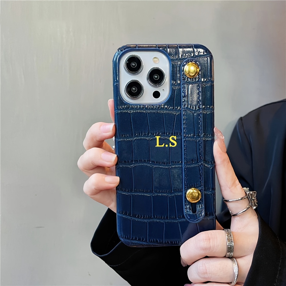 TEMU Phone Case: Luxury Personalized Customized Initials Golden Name Pu Leather Wristband Holder Hard Phone Case For Iphone 15 13 12 11 Pro Max 15 14
