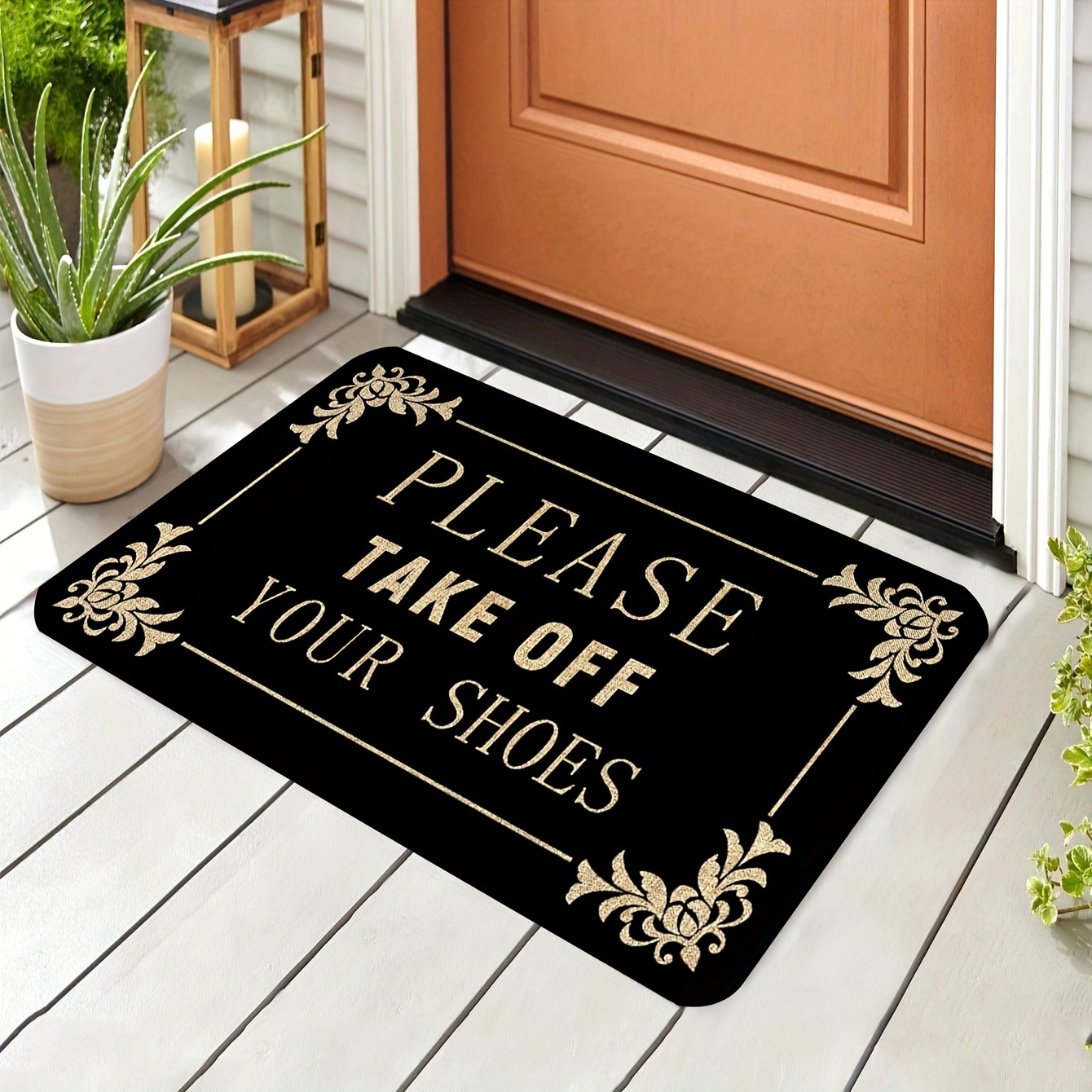 

1pc, "please Take Off Your Shoes" Welcome Mat, Polyester Non-slip Doormat, Rectangular Pvc Backed, Home Decor For Front Door, Kitchen, Garden, Patio, Porch Trim, Machine Washable