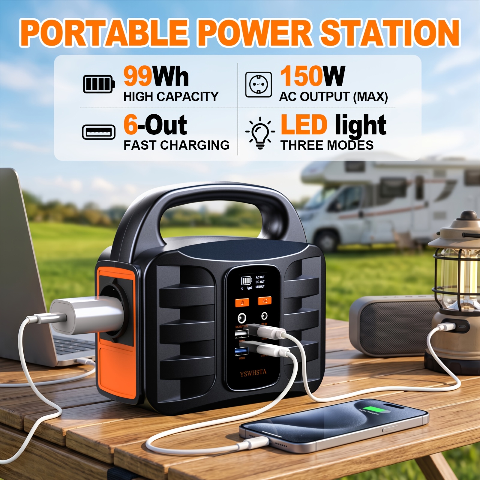 Image of 99wh 150w Ac Output Portable Power Station, 27000mah Camping Solar Generator, Three-level Led Lighting, 3 Charging , Rv/ Fishing/ Backyard Party Emergency Power Supply Battery