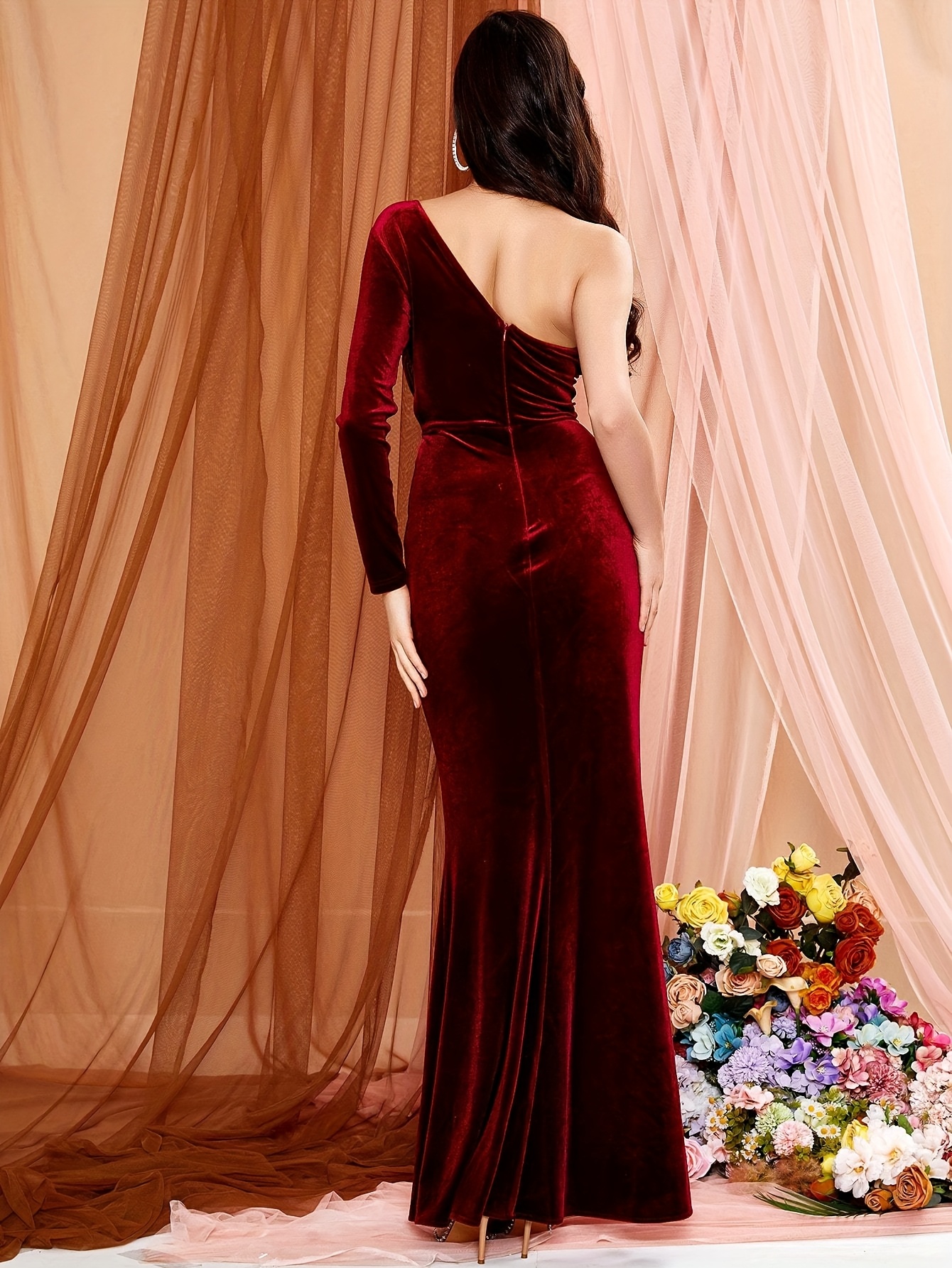burgundy wine color velour slit evening gown single shoulder - Temu Cyprus