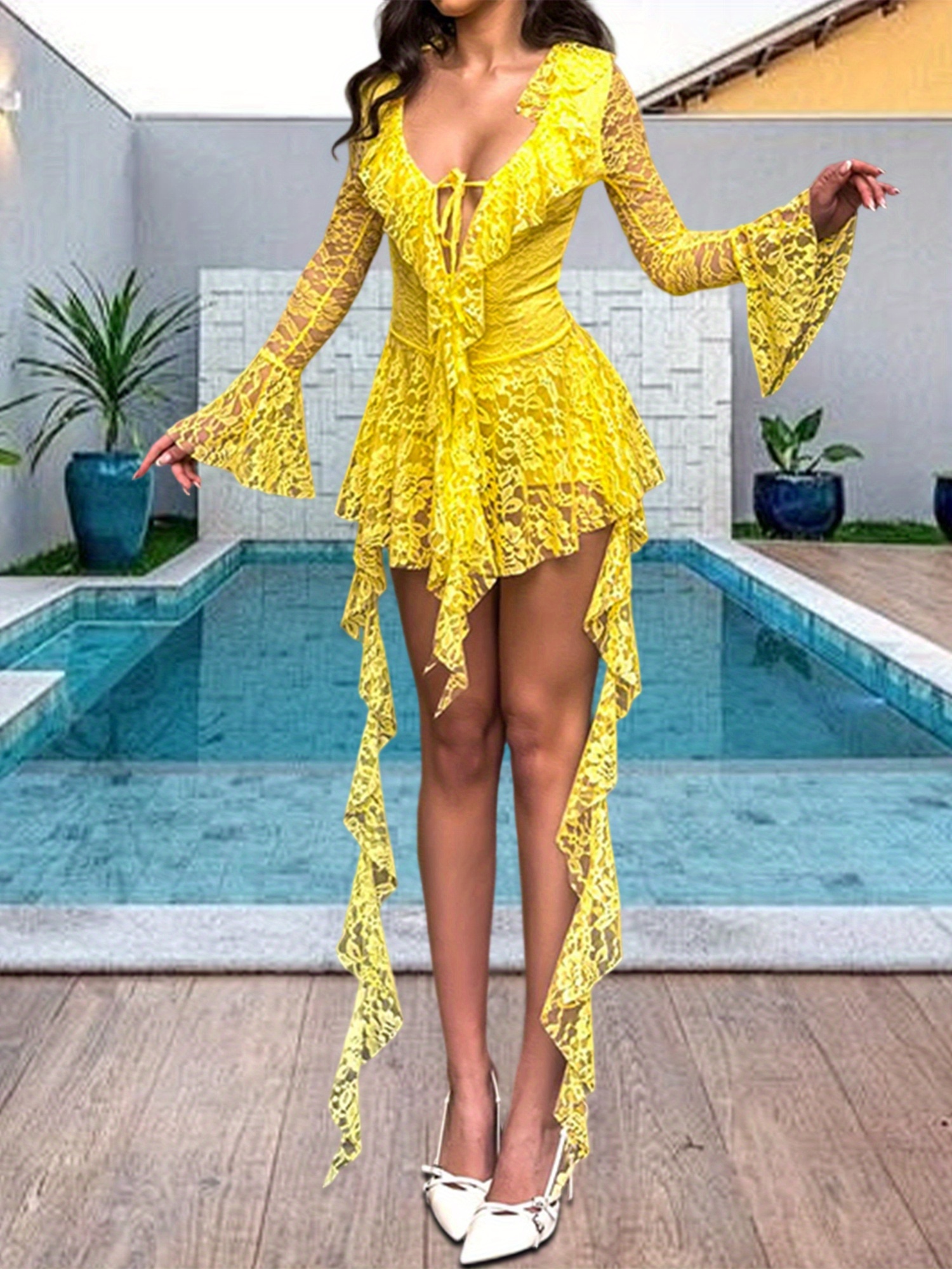 short flowy lace dress Womens Fringe Lace Boho Floral Dress V Neck Embroidered High Empire Waist  Flowy A Line Short Dresses Summer Casual 3/4 Sleeve Ruffle Mini Dress for  Ladies Vintage Drawstring Beach Dress S at
