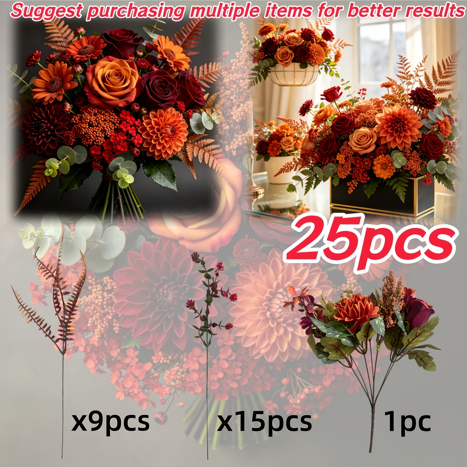 TEMU 25pcs Autumn Faux Flowers, Rose And Double-petaled Flowers With Brown Berry Clusters, Dark Red Small Flower Buds And Autumn-colored Caramel Fern