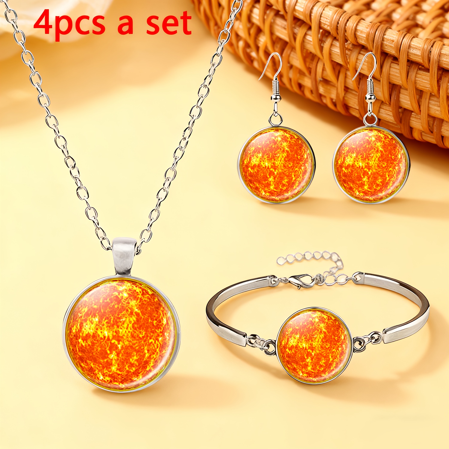 TEMU Juego de 4 piezas de joyería blanca que 1 collar, 1 pulsera brazalete y 1 par de aretes. de llama con temática solar un energético