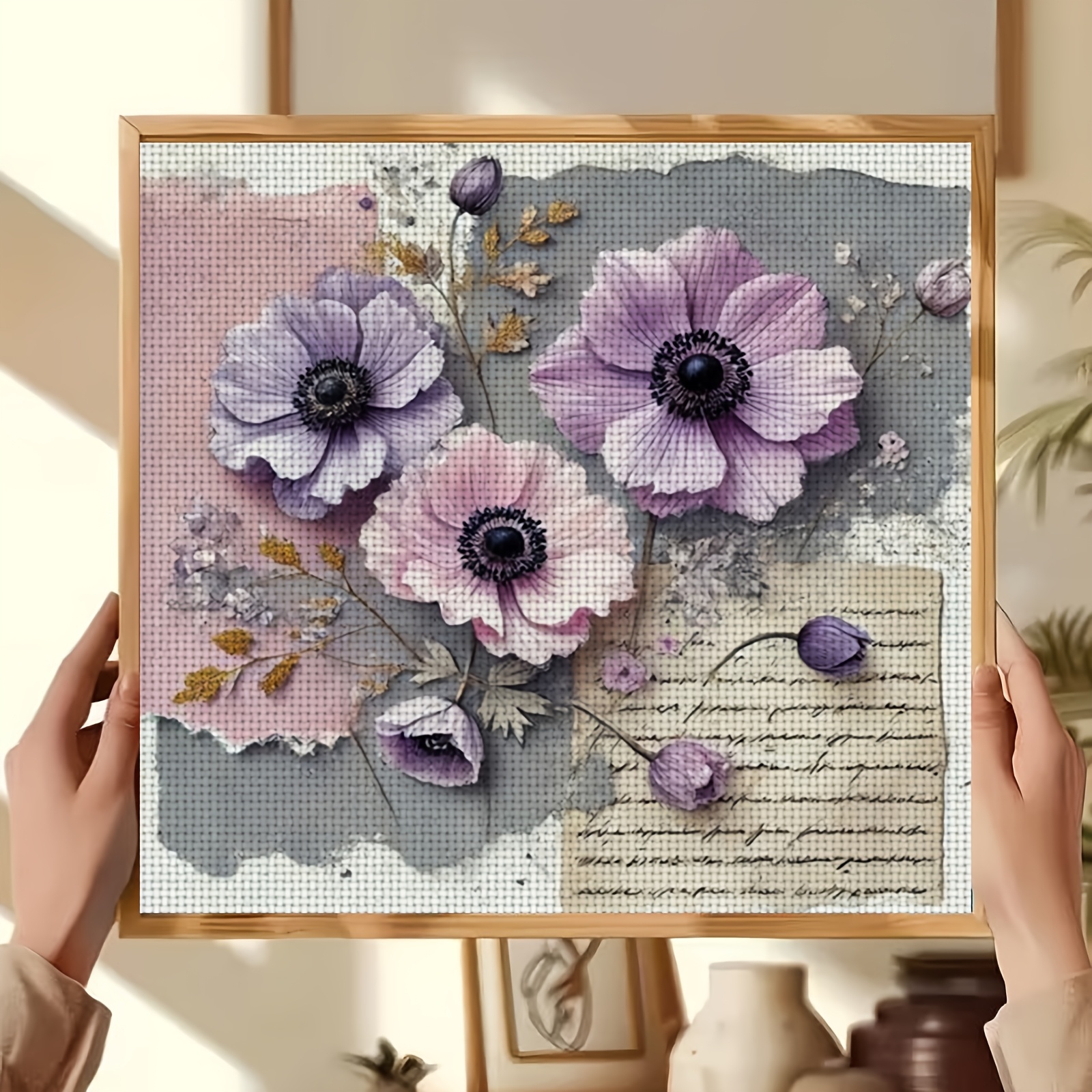 Cross-Stitch Printing Kit, Purple Flower Old Paper Decoration Pattern