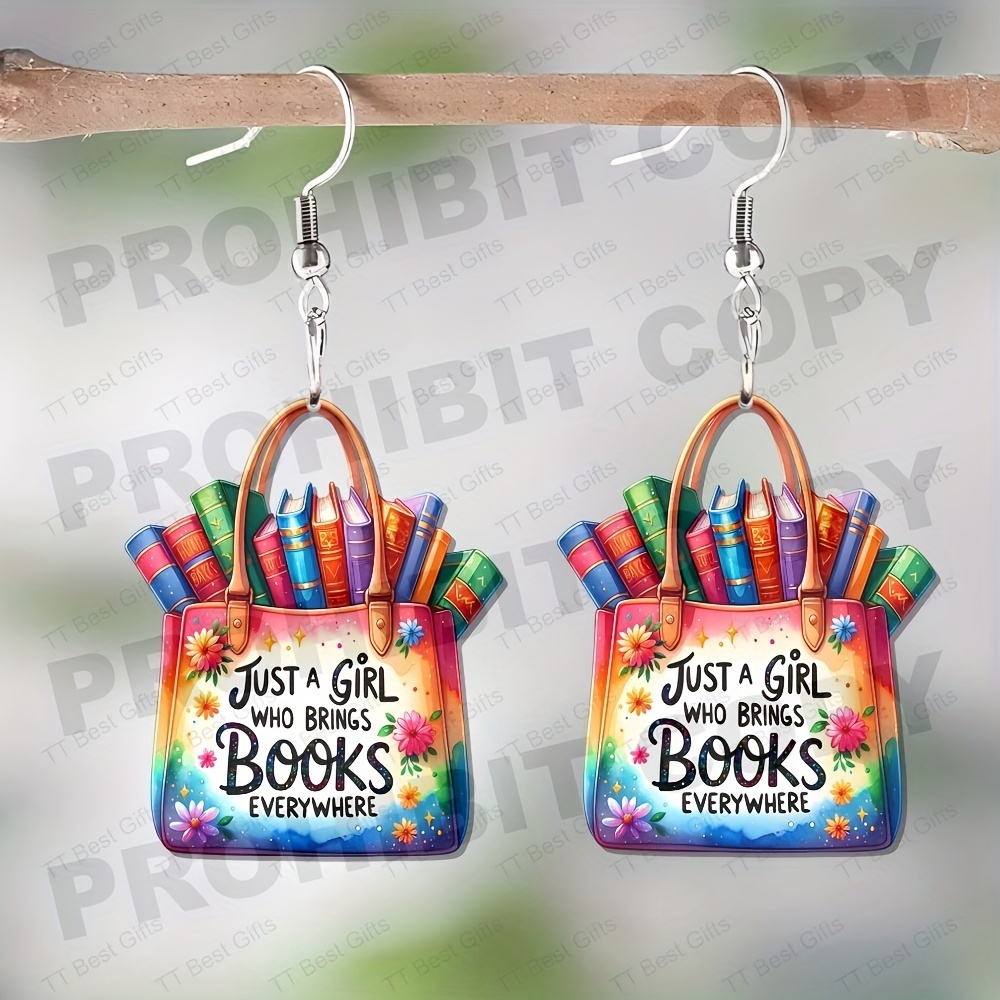 

Chic Acrylic Satchel Earrings - 'just A Girl Who Loves Books' Funny Dangle Jewelry, Perfect Gift For Book Lovers