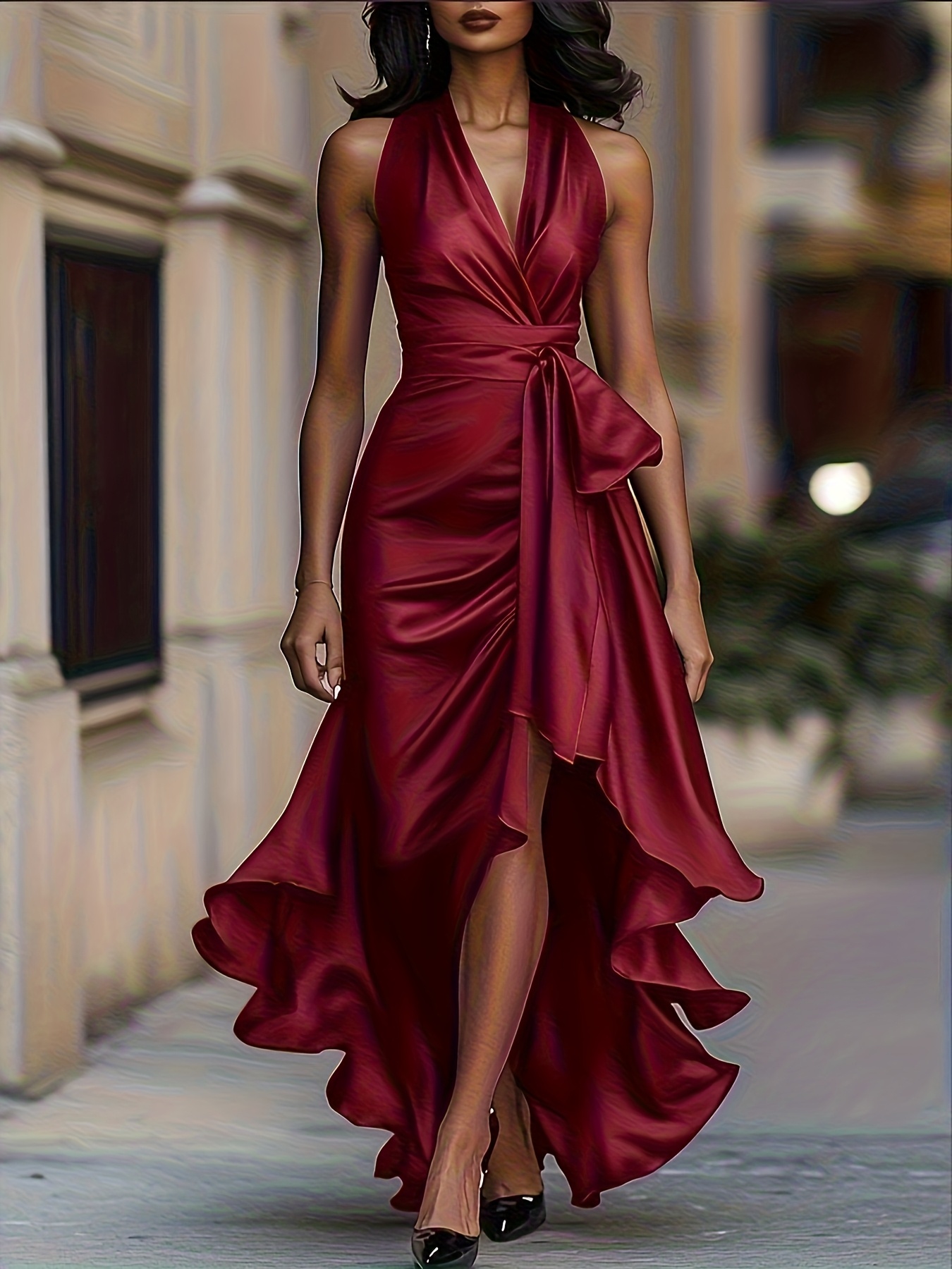 navy formal midi dress Zapaka Women Red Prom Dress Mermaid Spaghetti Straps V-Neck Ruched Sequined  Long Evening Dress – ZAPAKA NZ main image 1