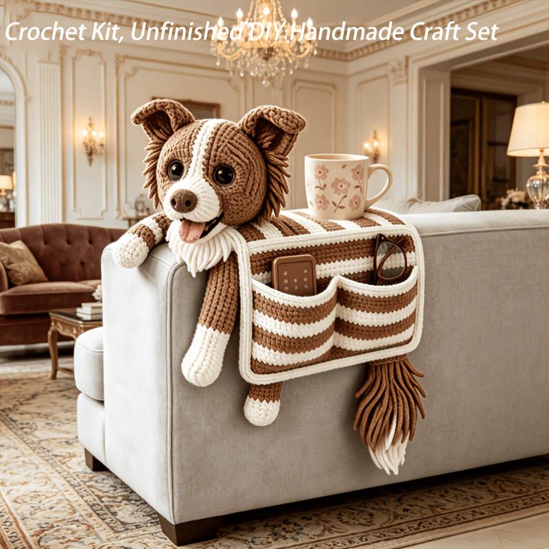 TEMU Kit de Crochet para Principiantes - Lindo Sofá de Cachorro con Reposabrazos y Organizador - Caddy de Reposabrazos a con Bolsillos para Control