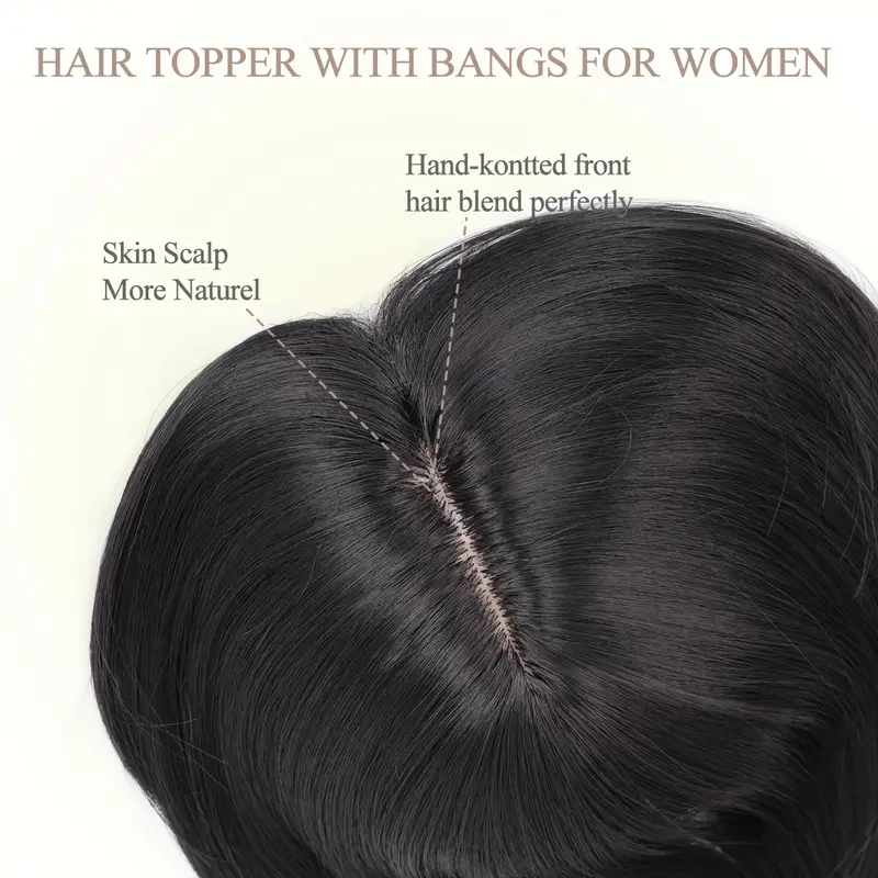 12 inch hair toppers for women with thinning hair synthetic hair topper with wispy bangs 3d cover upgrade middle part clip in bangs for women daily gift black dark brown heat resistant high temperature fiber details 7