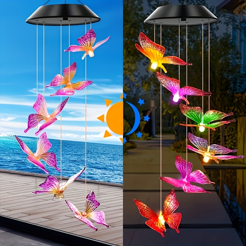 Luces de carrillón de viento con energía solar con diseños de mariposas moradas y amarillas, que incluyen iluminación LED exterior que cambia de color para fines decorativos de paisajismo. Estas lámparas solares de jardín y luces colgantes son regalos perfectos para madres y esposas.