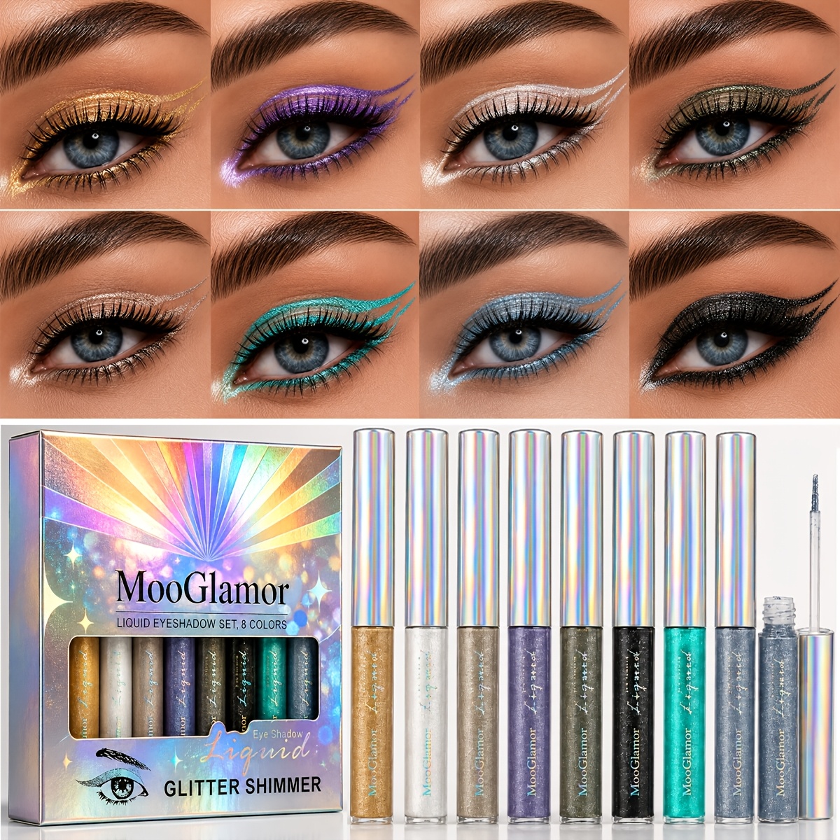 8-color Glitter Liquid Eyeliner Set - Waterproof, Quick-dry, , Brush Tip For Daily Wear & Party Makeup