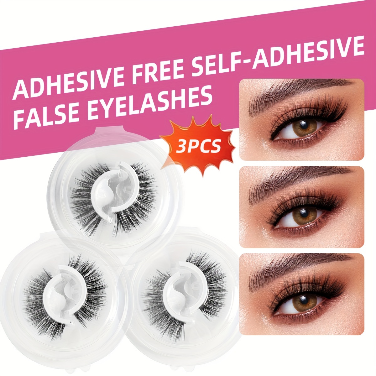 Image of 3 Pairs Reusable Self Adhesive False Eyelashes, With Wearing Tools, Glue Free Eyelash Extension For Makeup Natural Waterproof Easy Wearing Full Strip Lashes 6-16mm