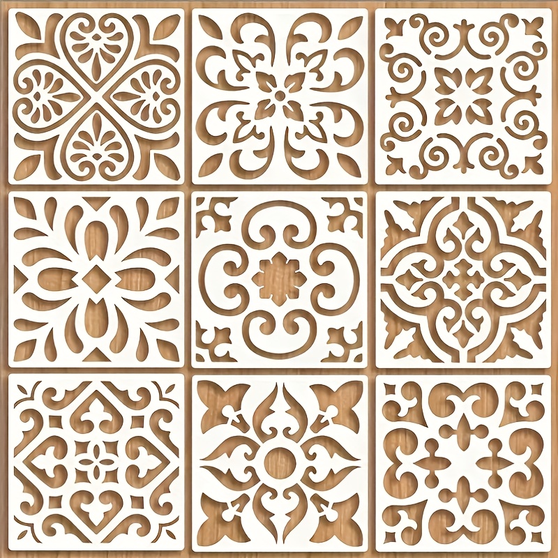 TEMU Plantilla de de azulejos blancos reutilizable de 9 piezas - Plantilla de 3.94X 3.94 pulgadas, adecuada para , papel, tela, muebles - Flores y